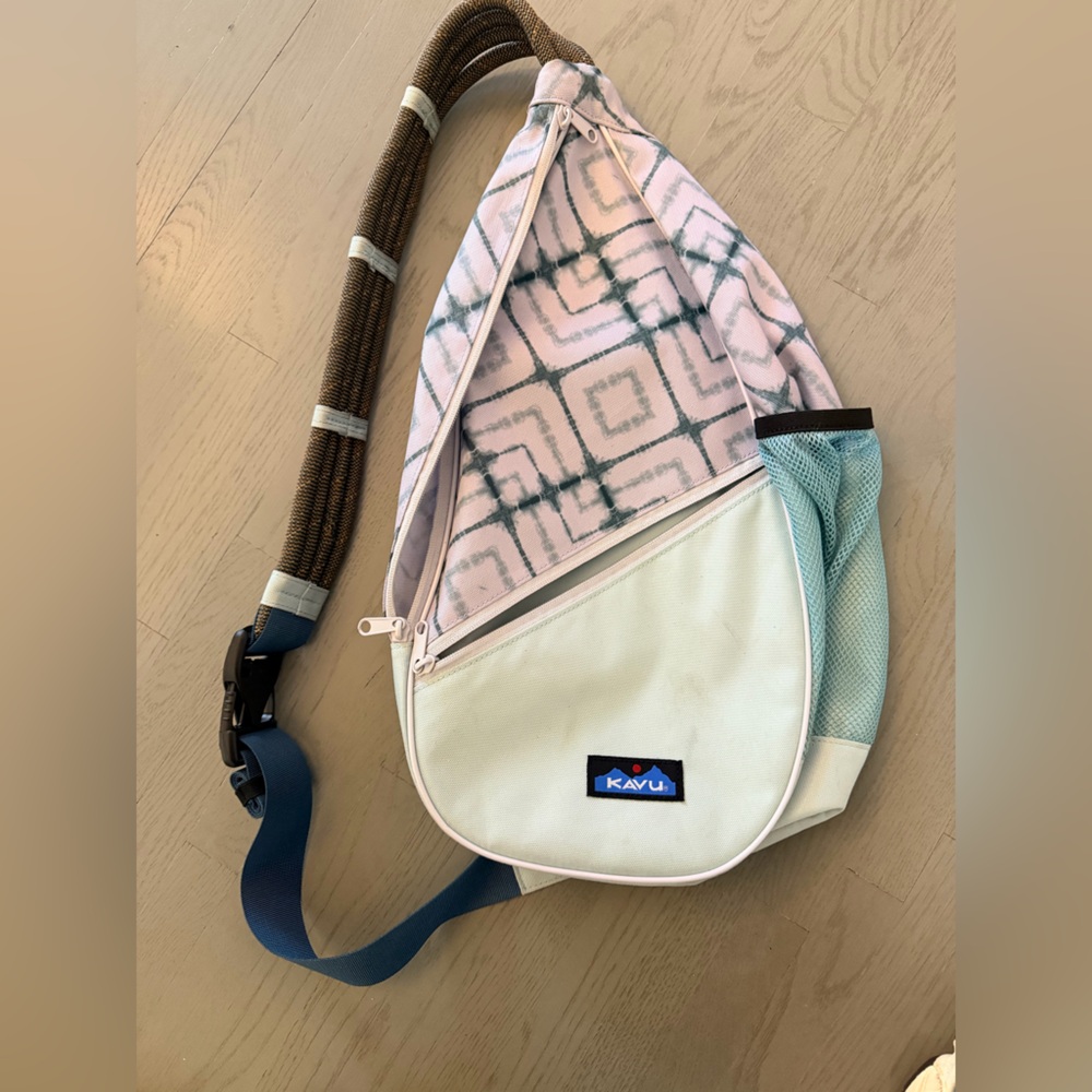 Kavu Cream and Pink Sling Bag with Blue Strap